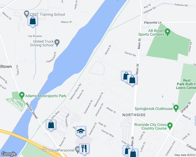 map of restaurants, bars, coffee shops, grocery stores, and more near 1100 Cloverdale Street in Riverside