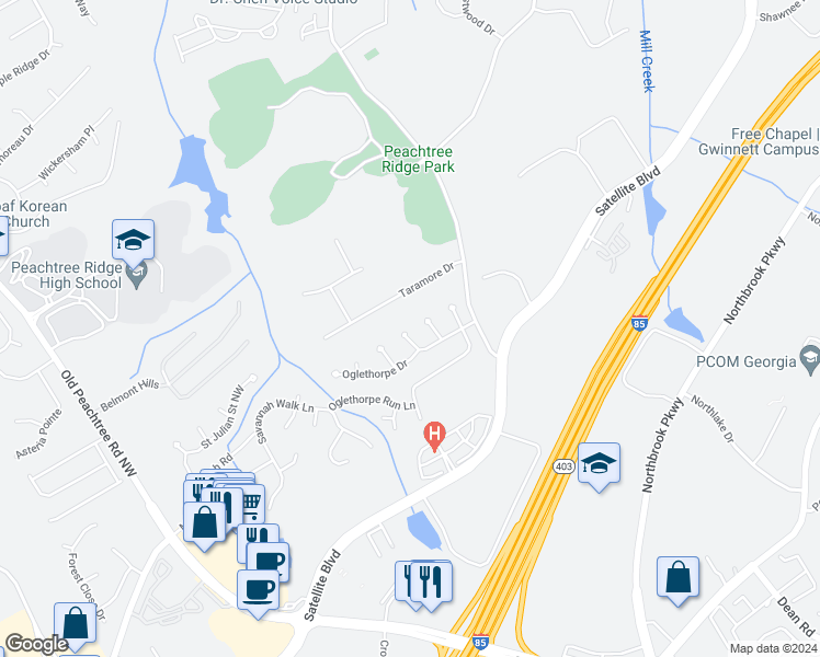 map of restaurants, bars, coffee shops, grocery stores, and more near 1435 Boundary Boulevard in Suwanee