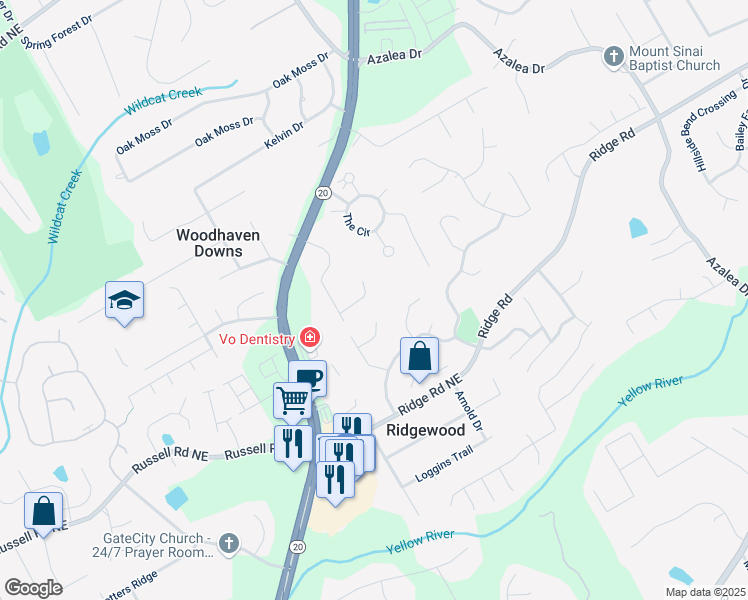 map of restaurants, bars, coffee shops, grocery stores, and more near 731 Sacketts Court in Lawrenceville