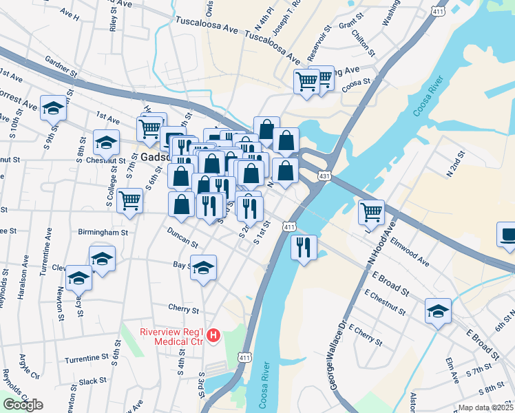 map of restaurants, bars, coffee shops, grocery stores, and more near 100 South 2nd Street in Gadsden