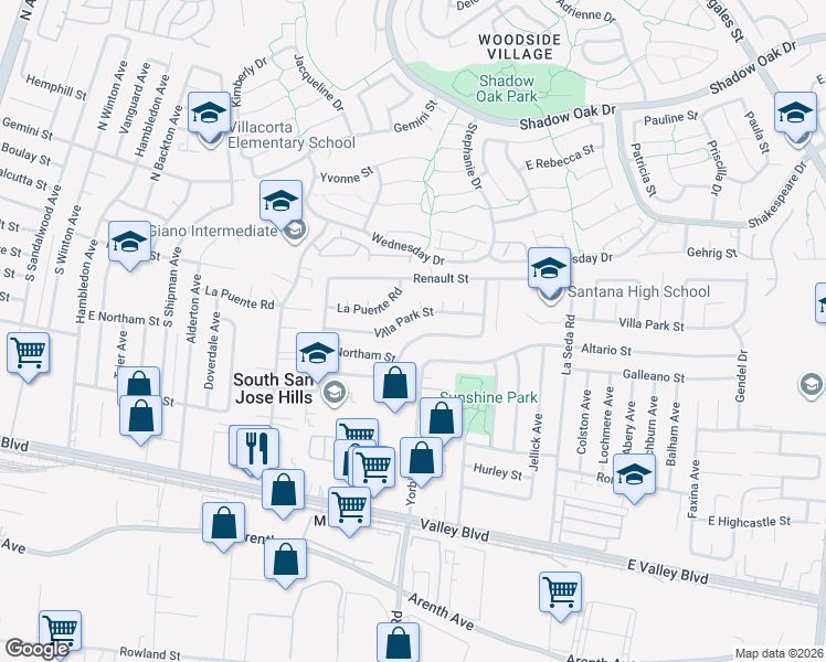 map of restaurants, bars, coffee shops, grocery stores, and more near 18263 Lanaca Street in La Puente