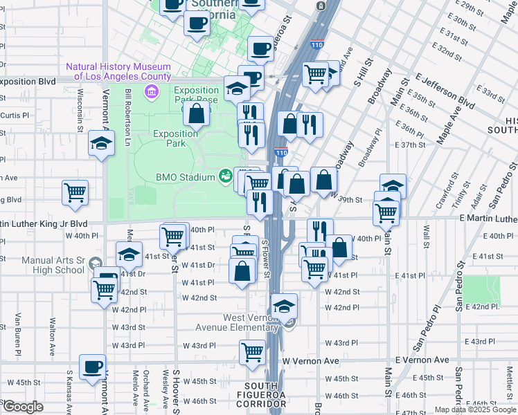 map of restaurants, bars, coffee shops, grocery stores, and more near 3990 South Figueroa Street in Los Angeles