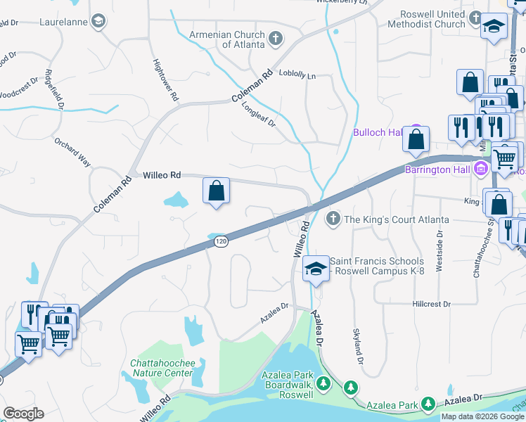 map of restaurants, bars, coffee shops, grocery stores, and more near 1025 Westcroft Lane in Roswell