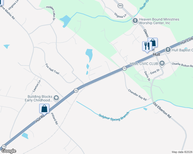map of restaurants, bars, coffee shops, grocery stores, and more near 1359 Hull Road in Athens