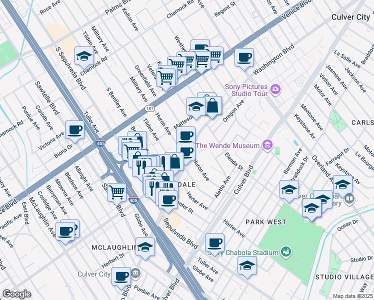 map of restaurants, bars, coffee shops, grocery stores, and more near Huron Avenue in Culver City