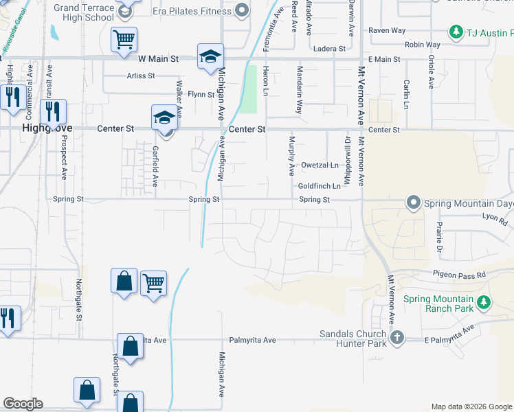 map of restaurants, bars, coffee shops, grocery stores, and more near 250-268 Spring Street in Riverside