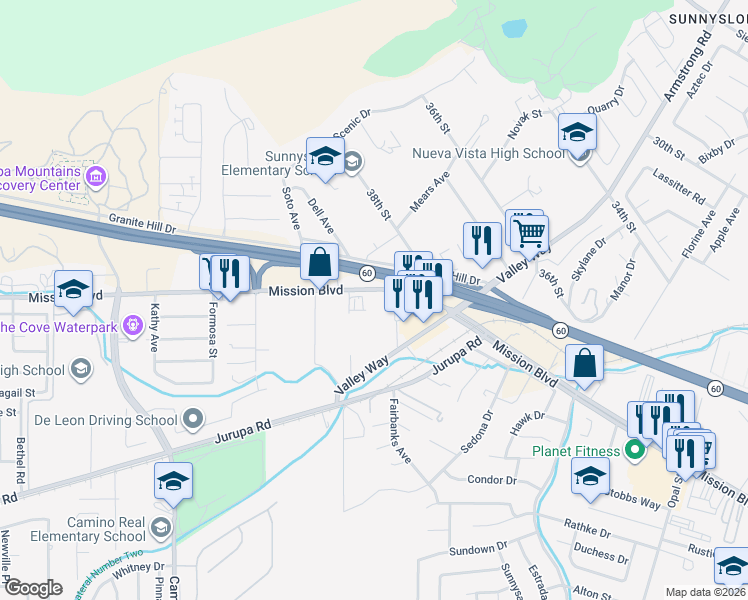 map of restaurants, bars, coffee shops, grocery stores, and more near 7014 Mission Boulevard in Riverside