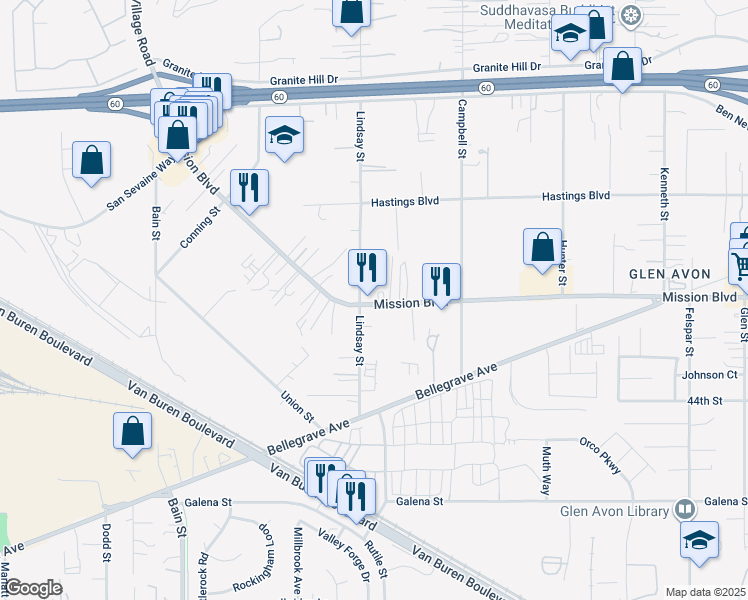 map of restaurants, bars, coffee shops, grocery stores, and more near 4234 Lindsay Street in Riverside