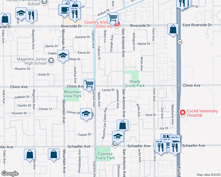 map of restaurants, bars, coffee shops, grocery stores, and more near 13340 Hammer Avenue in Chino