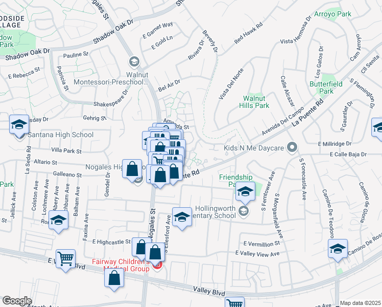 map of restaurants, bars, coffee shops, grocery stores, and more near 3624 Cottonwood Circle in West Covina