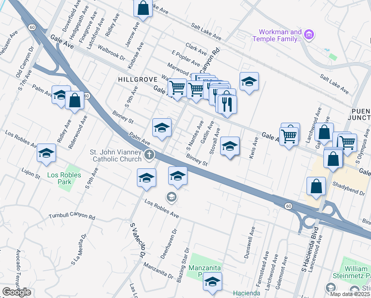 map of restaurants, bars, coffee shops, grocery stores, and more near 15240 Binney Street in Hacienda Heights