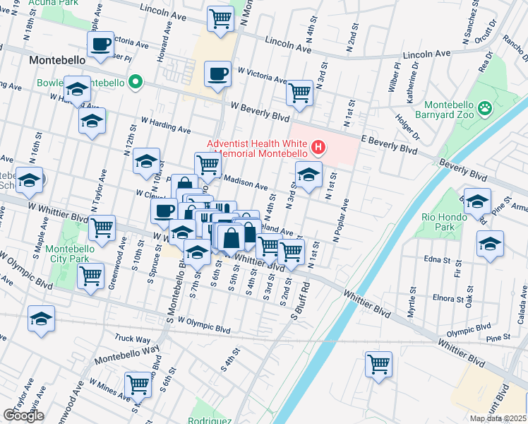 map of restaurants, bars, coffee shops, grocery stores, and more near 405 West Cleveland Avenue in Montebello