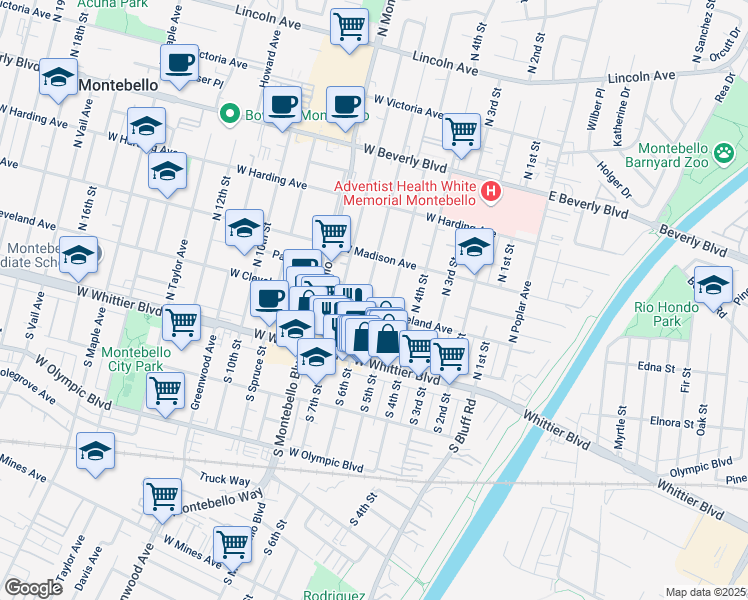 map of restaurants, bars, coffee shops, grocery stores, and more near 141 North 6th Street in Montebello