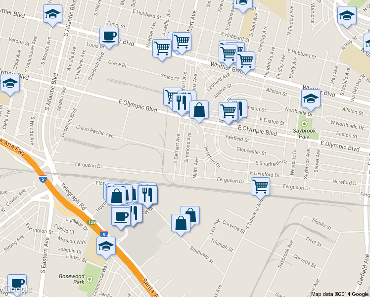 map of restaurants, bars, coffee shops, grocery stores, and more near 1424 South Gerhart Avenue in Commerce