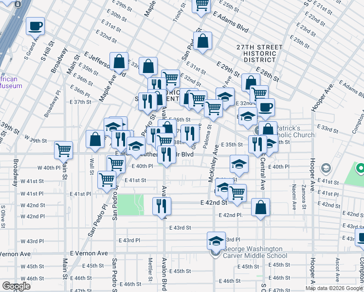 map of restaurants, bars, coffee shops, grocery stores, and more near 700 East Martin Luther King Junior Boulevard in Los Angeles