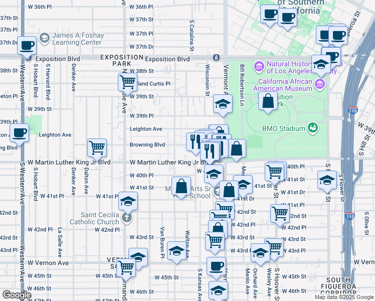 map of restaurants, bars, coffee shops, grocery stores, and more near 1107 West Martin Luther King Junior Boulevard in Los Angeles