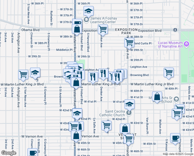 map of restaurants, bars, coffee shops, grocery stores, and more near 1541k West Martin Luther King Junior Boulevard in Los Angeles