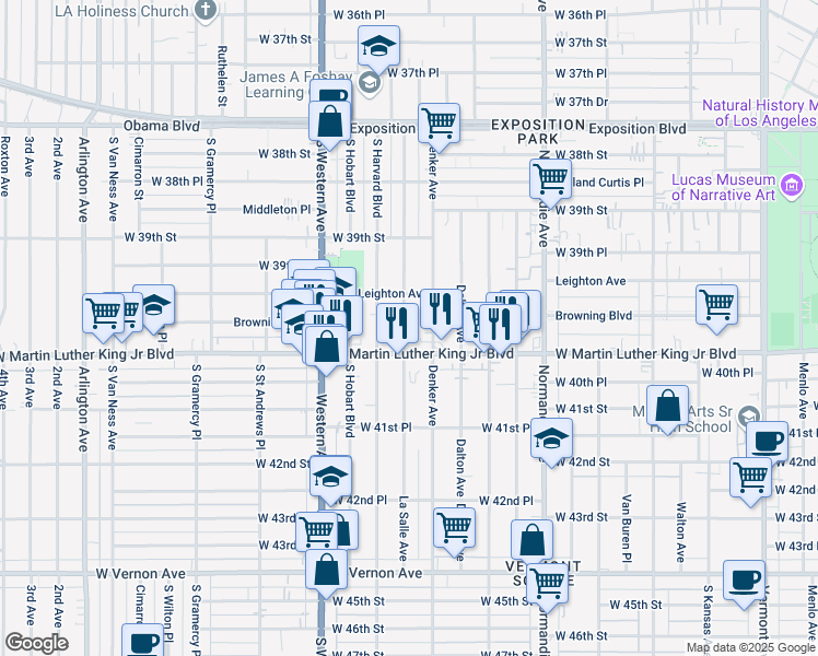 map of restaurants, bars, coffee shops, grocery stores, and more near 1537 West Martin Luther King Junior Boulevard in Los Angeles