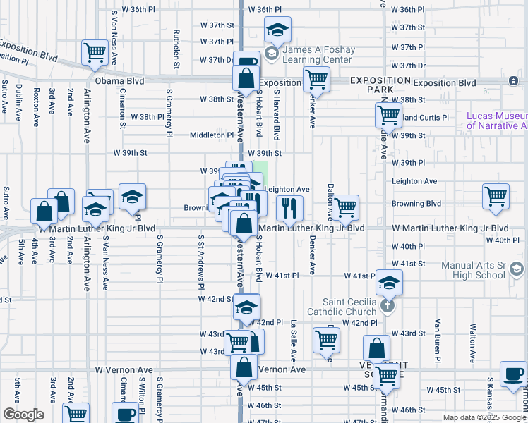 map of restaurants, bars, coffee shops, grocery stores, and more near 1653 West Martin Luther King Junior Boulevard in Los Angeles