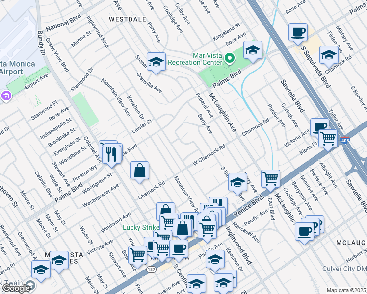 map of restaurants, bars, coffee shops, grocery stores, and more near 3568 Inglewood Boulevard in Los Angeles