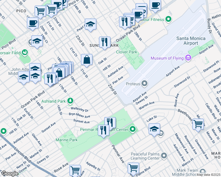 map of restaurants, bars, coffee shops, grocery stores, and more near 2201 Marine Street in Santa Monica
