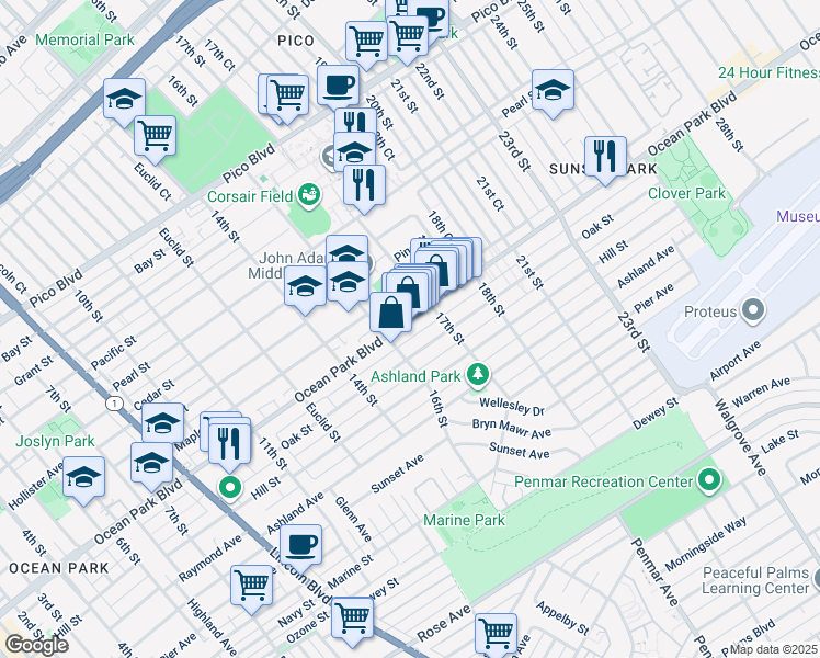 map of restaurants, bars, coffee shops, grocery stores, and more near 1624 Oak Street in Santa Monica