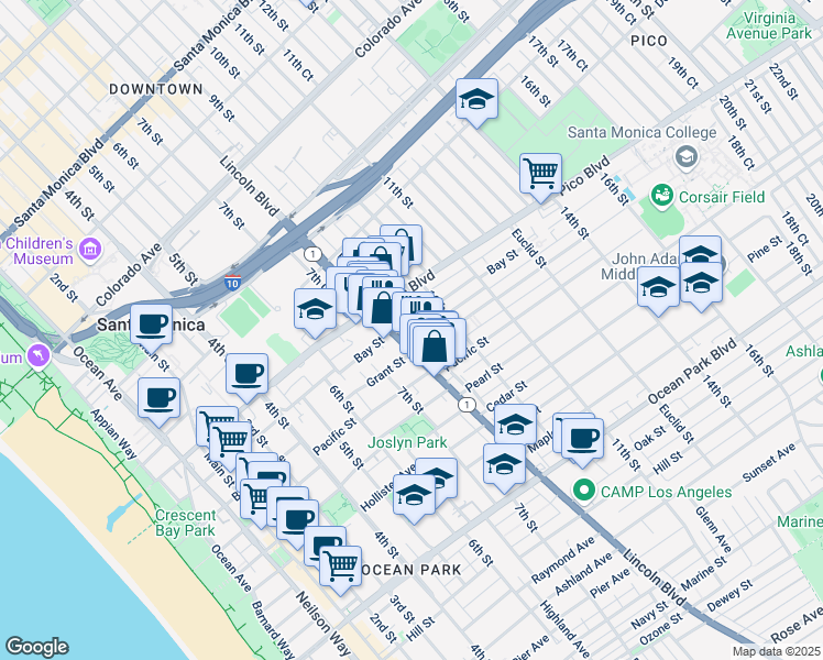 map of restaurants, bars, coffee shops, grocery stores, and more near 2018 California 1 in Santa Monica