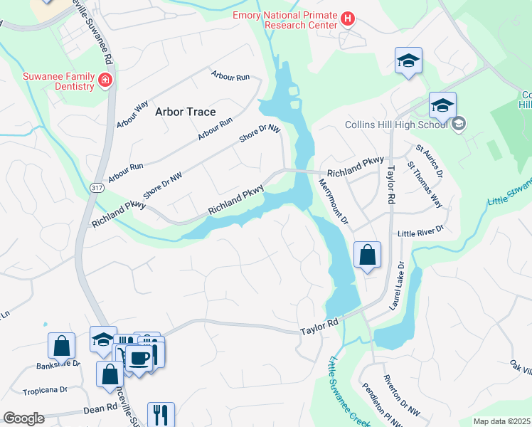 map of restaurants, bars, coffee shops, grocery stores, and more near 335 Lake Bluff Court in Suwanee