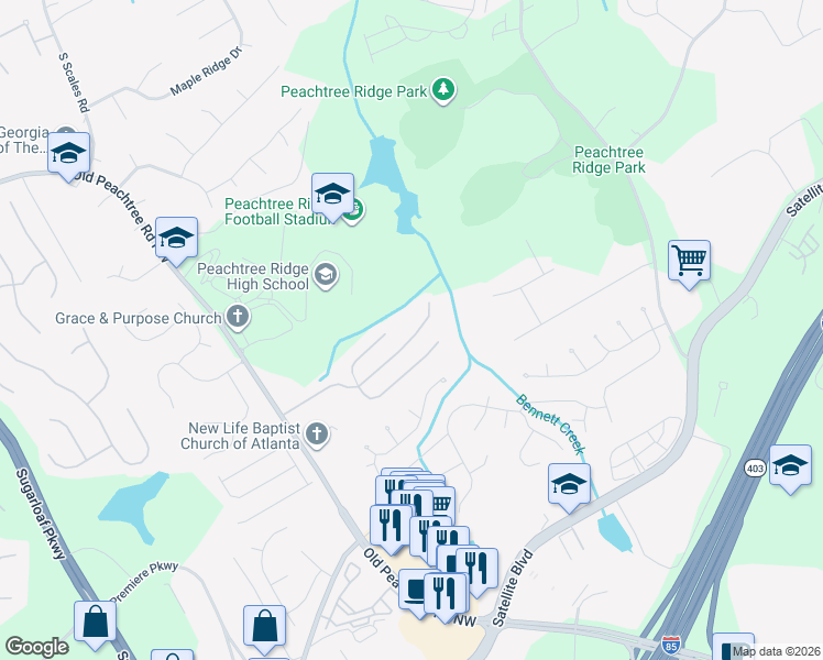 map of restaurants, bars, coffee shops, grocery stores, and more near 1439 Belmont Hills in Suwanee