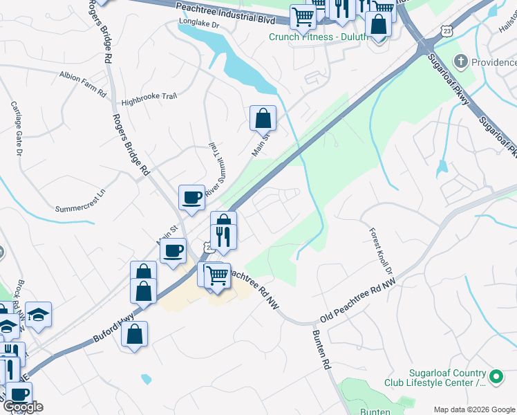 map of restaurants, bars, coffee shops, grocery stores, and more near 2579 Gambrell Lane in Duluth