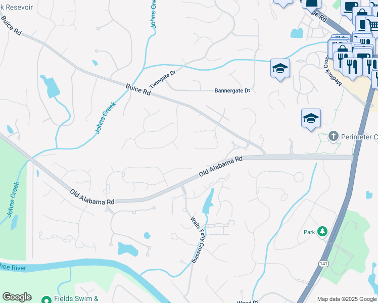map of restaurants, bars, coffee shops, grocery stores, and more near 9395 Clublands Drive in Alpharetta