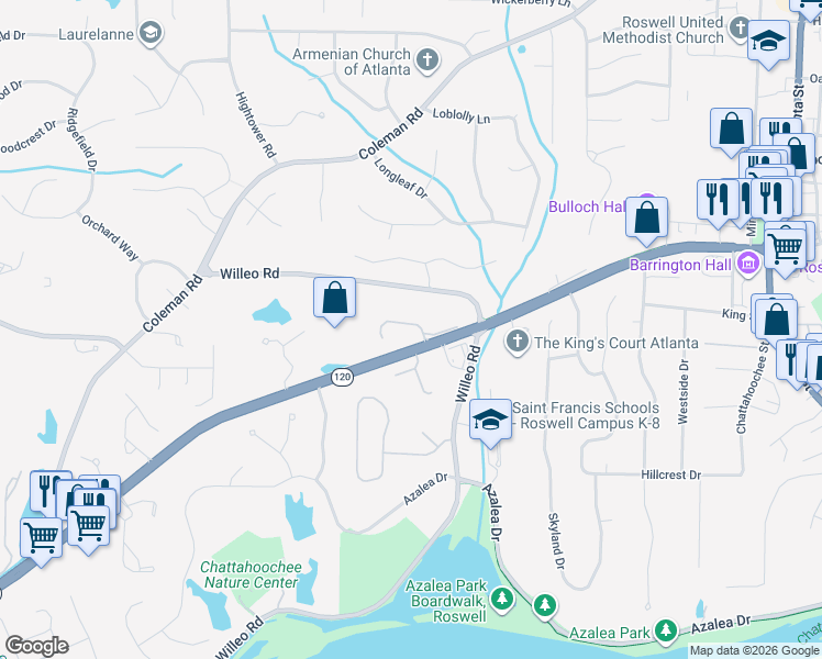 map of restaurants, bars, coffee shops, grocery stores, and more near 1025 Westcroft Lane in Roswell