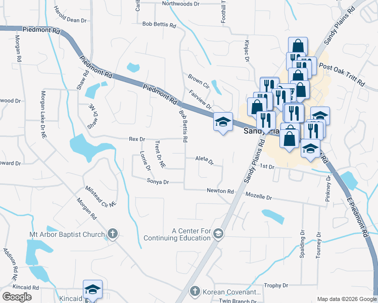 map of restaurants, bars, coffee shops, grocery stores, and more near 2467 Bob Bettis Road in Marietta
