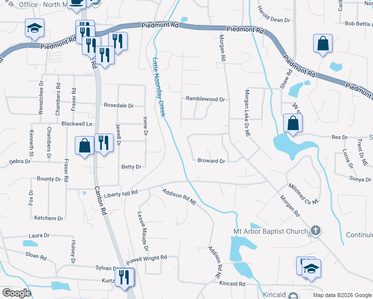 map of restaurants, bars, coffee shops, grocery stores, and more near 2416 Broward Drive in Marietta