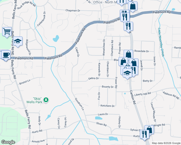 map of restaurants, bars, coffee shops, grocery stores, and more near 585 Debra Drive in Marietta