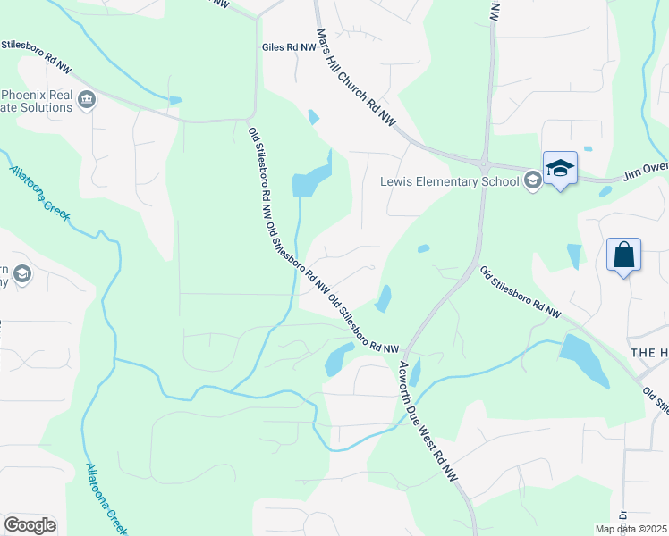 map of restaurants, bars, coffee shops, grocery stores, and more near 4535 Meadow Green Lane in Acworth