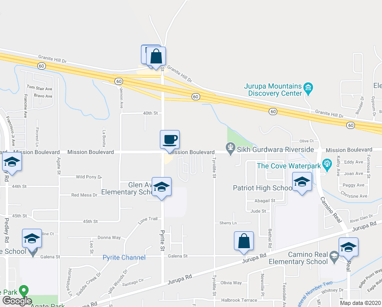 map of restaurants, bars, coffee shops, grocery stores, and more near 8088 Mission Boulevard in Riverside