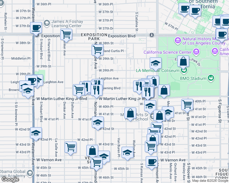 map of restaurants, bars, coffee shops, grocery stores, and more near 1245 West Martin Luther King Junior Boulevard in Los Angeles