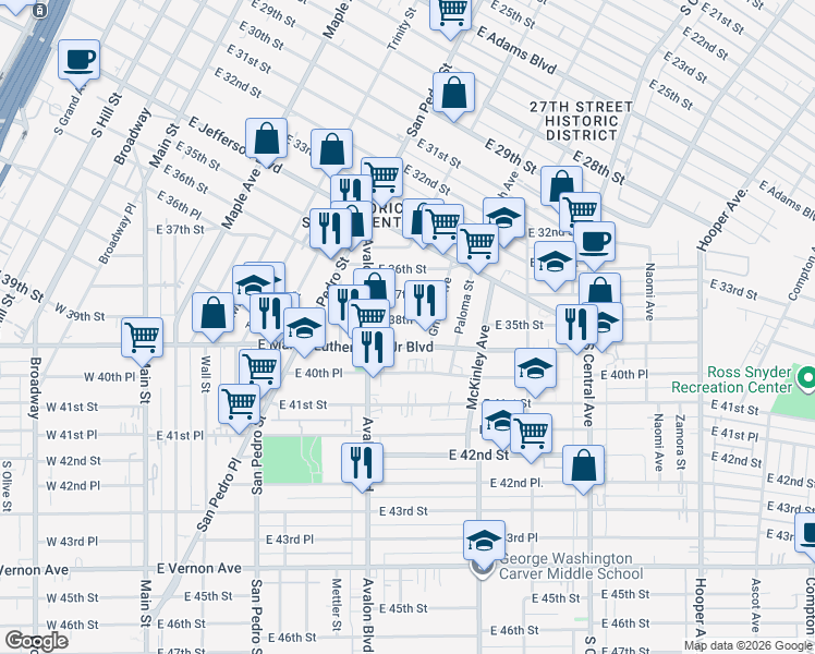 map of restaurants, bars, coffee shops, grocery stores, and more near 700 East Martin Luther King Junior Boulevard in Los Angeles