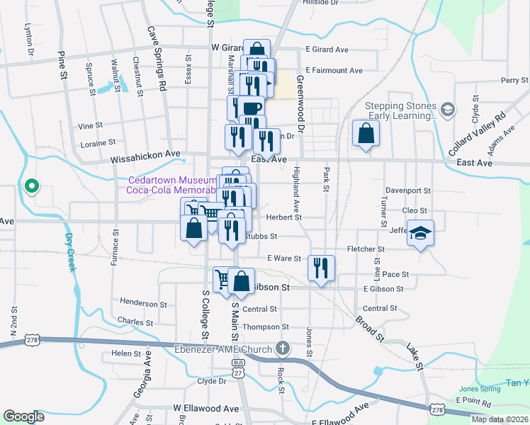 map of restaurants, bars, coffee shops, grocery stores, and more near 305 Stubbs Street in Cedartown