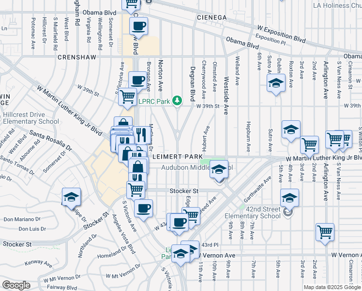 map of restaurants, bars, coffee shops, grocery stores, and more near 4004 Degnan Boulevard in Los Angeles