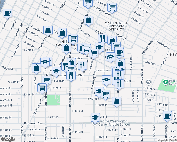 map of restaurants, bars, coffee shops, grocery stores, and more near 3805 Paloma Street in Los Angeles