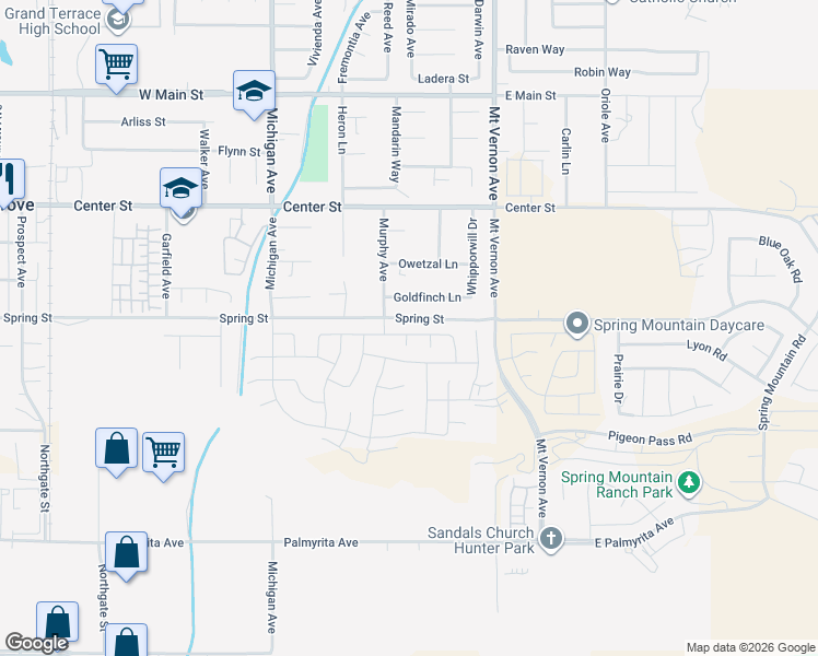 map of restaurants, bars, coffee shops, grocery stores, and more near 19764 Season Grove Drive in Riverside
