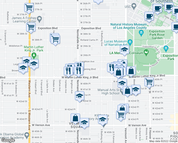 map of restaurants, bars, coffee shops, grocery stores, and more near 1245 West Martin Luther King Junior Boulevard in Los Angeles