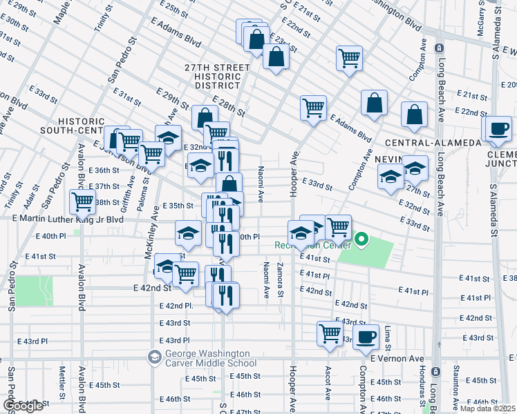 map of restaurants, bars, coffee shops, grocery stores, and more near 1208 East Martin Luther King Junior Boulevard in Los Angeles