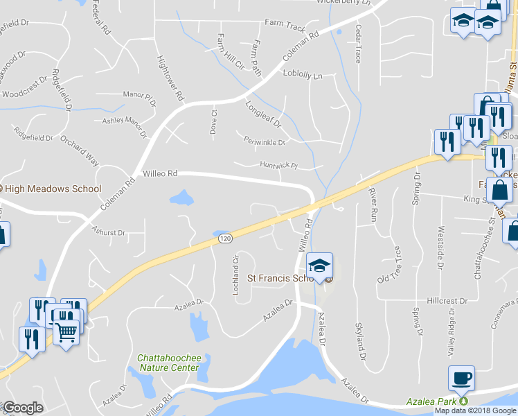 map of restaurants, bars, coffee shops, grocery stores, and more near 1045 Westcroft Lane in Roswell