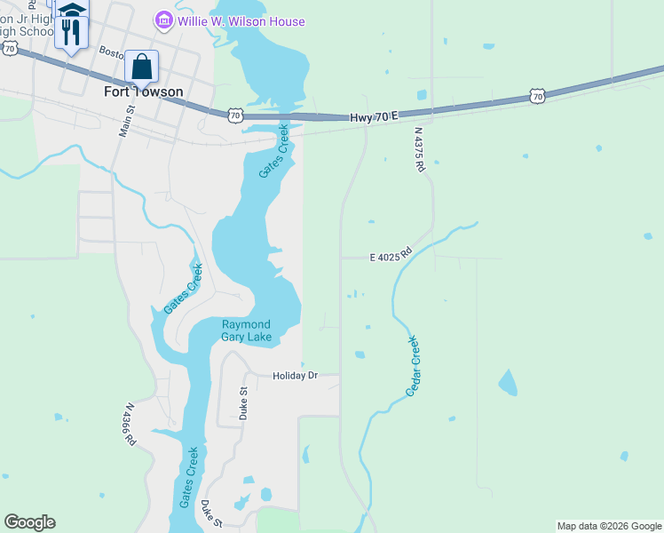 map of restaurants, bars, coffee shops, grocery stores, and more near 1002 Oklahoma 209 in Fort Towson