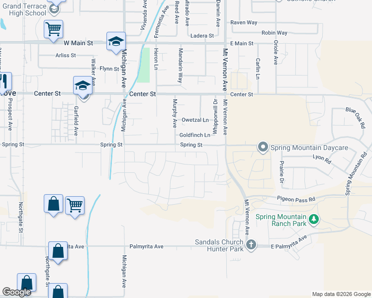 map of restaurants, bars, coffee shops, grocery stores, and more near 19764 Season Grove Drive in Riverside