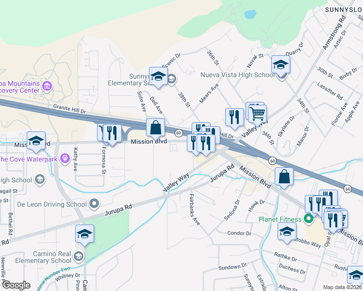 map of restaurants, bars, coffee shops, grocery stores, and more near 7014 Mission Boulevard in Riverside