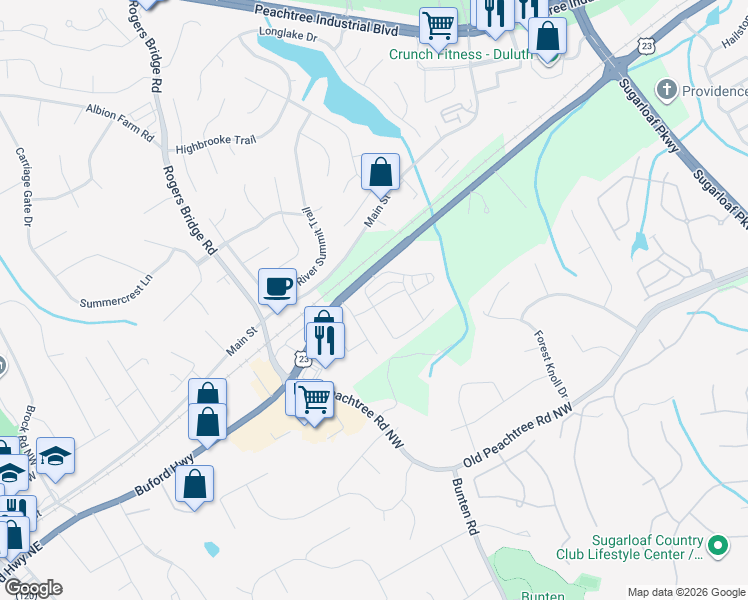 map of restaurants, bars, coffee shops, grocery stores, and more near 2579 Gambrell Lane in Duluth